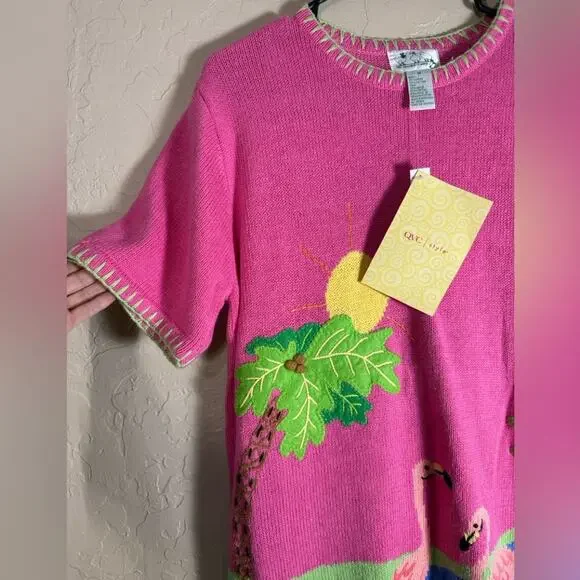 Quacker Factory pink flamingo short-sleeve ramie/cotton blend sweater NWT. - Picture 3 of 8